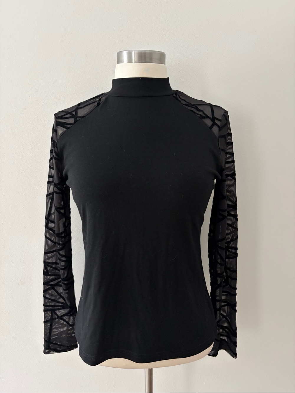 Black Mock Neck Sheer Geometric Velvet Long-Sleeve Top XL Witchy Whimsigoth